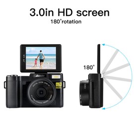 Acouto Cámara Digital Pantalla LCD de 3 Pulgadas Rotación de 180 Grados 2.7K 30MP Carga USB de Alta Definición Videocámara Digital Negra Cámara de Video Cámara Pequeña Portátil