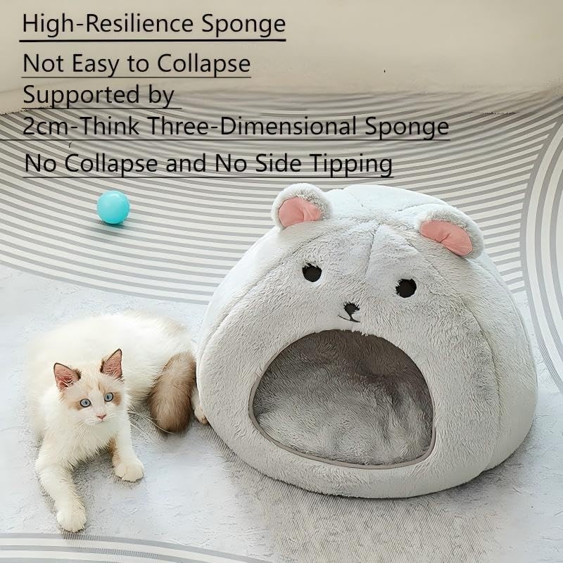 Cozy Mouse Ear Pet Cave Bed Ultra-Soft Gray Plush cave