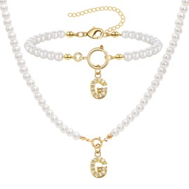 ZENGSING Women's Initial Pearl Necklace Bracelet Set Pearl Jewellery Set for Women Adjustable A-Z Capital Initial Pendant Pearl Necklaces Pearl Bracelet with Initial Christmas Gifts for Women (G)