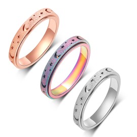 LuckyAmor Fidget Anxiety Ring for Women Kids - 3Pcs 4MM Rainbow Rose Gold Silver Moon Star Stainless Steel Spinner Rings for Anxiety Stress Relief Gift for Teen Girls party birthday size 6-10 (10, 3 color moon star hollow)
