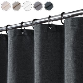 Flax Linen Like 240 GSM Heavy Stable Shower Curtain for Bathroom with Hooks, Hotel Luxury Fabric, Washable, Dark Grey, 120 x 200 cm