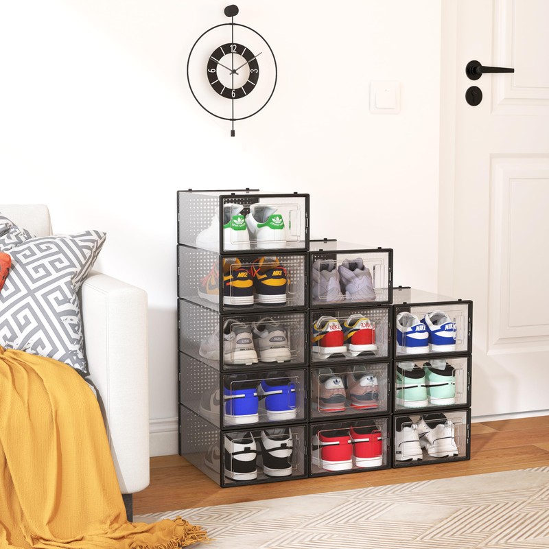 12 Pack Shoe Storage Bins, Clear Plastic Stackable Shoe Organizer