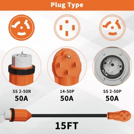 Gloppers 50 Amp Generator Cord and Power Inlet Box 15FT 50 Amp 125V/250V STW 6/3+8/1 AWG Pure Copper Generator Extension Cord,NEMA 14-50P Male to SS2-50R Twist Locking Connector ETL Listed