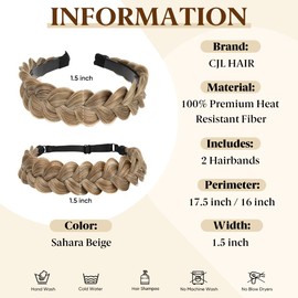 CJL HAIR 2PCs Braided Headbands Hair Piece for Women Synthetic Hair Hoops Head Bands Handmade Braid Hairband Accessories Elastic Stretch Headwrap Sahara Beige
