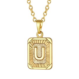 Focalook 26 letters A B C initial letters, pendant with 45 cm / 50 cm Rolo chain, hexagon/rectangle tag necklace for women, girls pendant loop, adjustable gold/ silver available for selection., U