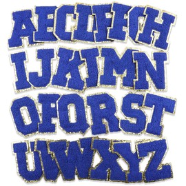 Letter Iron On Patches Sew On Appliques Varsity Alphabet Set Chenille Embroidered Patch Gold Edge A-Z English Letter Badge Repair Patches for Hats, Jackets, Shirts, Vests, Jeans 26 PCS(dark blue)