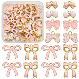 COGCHARGER 60 Pieces 6 Styles Bowknot Charms for Jewelry Making Pink Bulk Cute Alloy Enamel Charms Pendants for Bracelet Necklace Earring DIY Supplies