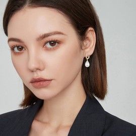 Pearl Dangle Earrings for Women, Sterling Silver Pearl Drop Hoop Earrings, Hypoallergenic Teardrop Pearl Gold Hoop Earrings with AAA+ Cubic Zirconias | Jewellery Gifts for Birthday Weeding