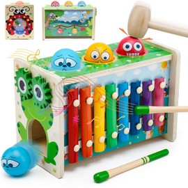 WEELIKEE 6-in-1 Pound A Ball Toy for Toddlers 1 2 3 - Hammering Pounding & Tapping Toy with Xylophone, Gear, Clock, & Color Matching Sliding Game - Perfect 1st Birthday Gift
