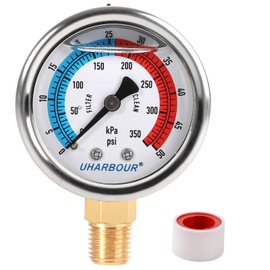 UHARBOUR Water Pressure Gauge, Glycerin Filled Pool Filter Pressure Gauge 0-50 PSI/350KPA,2" Dial and 1/4" NPT Bottom Mount, Including Seal Tape
