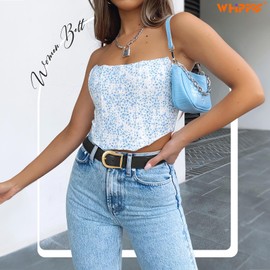 WHIPPY Women's Leather Belt for Jeans Pants Dresses Casual Fashion Waist Belt with Gold Buckle Black, L