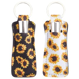 CRASPIRE 2Pcs Sunflower Lip Balm Holder Keychain Chapstick Pouch Floral Flower Colorful Rectangle Neoprene Rubber Lip Gloss Clip Lipstick Case Sleeve Holders for Women Travel Makeup Storage Bag
