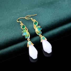 Lotus Flower Jade Earrings for Women Long Jade tassel Dangle Drop Earrings S925 Sterling Silver Hook Flower Earrings Boho Jewelry Gift, Cubic Zirconia, Jade