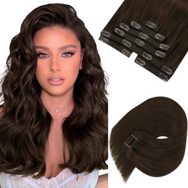 Ve Sunny Human Hair Clip in Hair Extensions #4 Chocolate Brown Real Hair Extensions Clip in Human Hair Brown Natural Hair Clip in Extensions 120g 7pcs 22inch