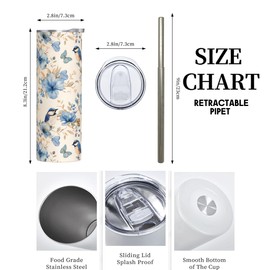 amepay Bluebird and Butterfly Floral Stainless Steel Insulated Tumbler with Lid - 20oz Cute Bird Travel Mug,Reusable Metal Straw & Brush, Double-Wall Vacuum Bottle Cup for Hot and Cold Drinks Gifts