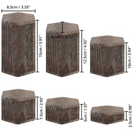 BELLE VOUS 6 Pack of Vintage Brown Wooden Hexagon Display Risers - Wood Showcase Stands for Shelves and Countertops - Step Plinths for Jewellery, Retail, Figures, Cupcakes and Desserts
