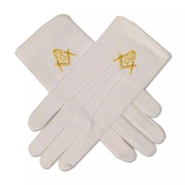 Unbranded Gold Square & Compass Masonic Embroidered Cotton Gloves - [White]