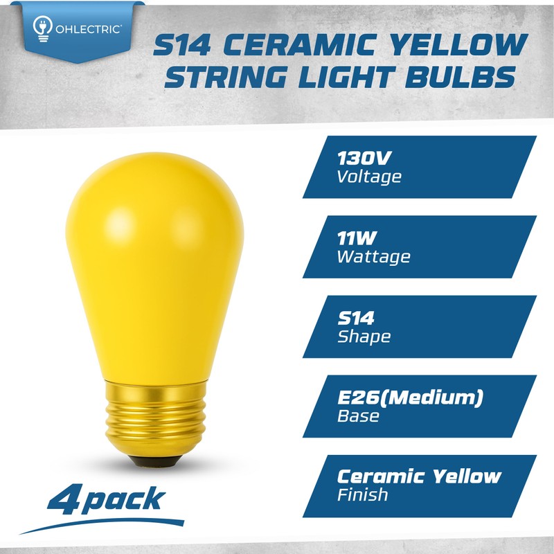 OHLECTRIC S14 Ceramic Yellow String Light Bulbs with E26 Base