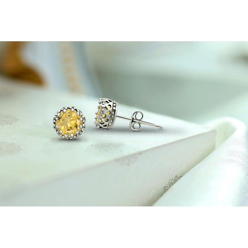 Sterling Silver Citrine Crown Stud Earrings