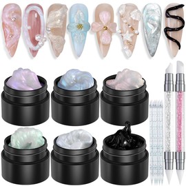 Fcozpjk Solid Builder Gel Kit, 6 Colors Non Sticky Solid Builder Gel for Nails Aurora Blue Pink Pearl White Builder Gel With Silicone Carving Pen Hard Gel 3D Sculpting Gel Nail Art Starter Kit