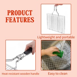 Fish Grilling Basket – Folding Portable Stainless Steel BBQ Grill Basket for Fish, Vegetables & Shrimp, Removable Handle, Includes Basting Brush, Gloves & Storage Bag