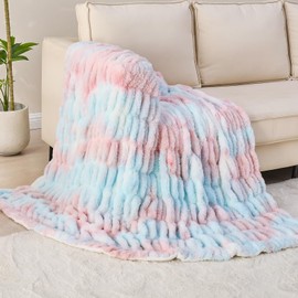 Softan Extra Soft Faux Fur Blanket, Warm Striped Faux Fur Throw Blanket with Flannel Fleece Reverse for Couch Sofa Bed Living Room, Pink Blue- 50"x 60"