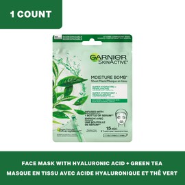 Garnier Beauty Face Mask, Hydrating Skin Care for Normal to Combination Skin, Hyaluronic Acid + Green Tea, 1 Tissue Mask (28mL)