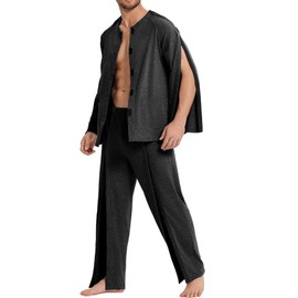 Deyeek Post Shoulder Surgery Shirts for Men Chemo Port Shirts Dialysis Patient Care Tear Away Cotton Pajamas Set Black