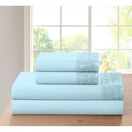 4-Piece Lace Crochet Embroidery Bamboo Bed Sheets Set King Size | Casual Silky Soft Aqua Blue Bedding Solid Color Pattern | Luxury Deep Pocket Durable Elastic Fitted Thick | Machine Washable Cozy