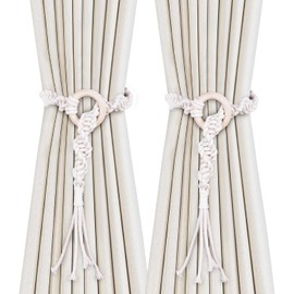 SRG Handmade Boho Curtain Tiebacks Hand Knitting Cotton Curtain Holdbacks with Adjustable Natural Wooden Rings Accessories Wall Decoration for Home Office