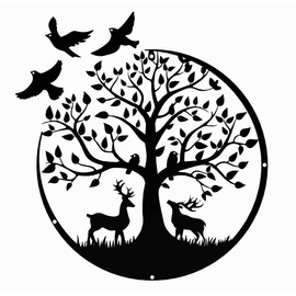 Tree Of Life Metal Art Wall Decor,11.8inch Metal Tree Life Wall Art with Birds Silhouette and Deers, Black Silhouette Tree Wall Hanging Artwork Decoration, Family Tree Hanging Sign for Living Room Bedroom Garden Office