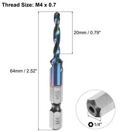 sourcing map Combination Drill and Tap Bit, Metric M4 x 0.7 Thread 1/4" Hex Shank, Blue Nano Coated Threading Screw Taps Spiral Flute Drilling Tapping Tool, High Speed Steel (HSS) 4341