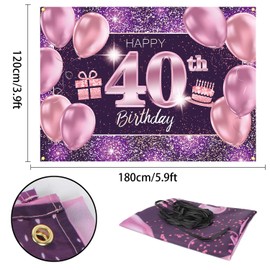 PAKBOOM Happy 40th Birthday Banner Backdrop - 40 Birthday Party Decorations Supplies for Women - Pink Purple Gold 4 x 6ft