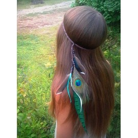 Women Indiana Princess Peacock Feather Head Chain Bohemian Tassels Hair Band Headwear Crown Hairband Party Decoration Headdress Cosplay Costume Headpiece Hair Accessories (C#)