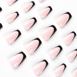 JUSTOTRY Coffin Shape Press on Nails, Short Medium Length with Classical Black French Designs Ballet 24 Pcs Fake False Nails with Glue, Nail Art for Women and Girl Stick on Nails