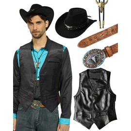 kasahara Cowboy Costume Western Outfit for Men Cowboy Hat Western Leather Vest Cowboy Buckle Belt Necktie Cowboy Costume Accessories 4 Pcs M