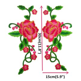 1 Pair Blooming Peony Flower in Green Vines with Gold Trimming Embroidered Patches Sew Iron on Appliques for Outfit Decor-Rose