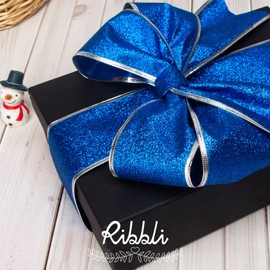Ribbli Christmas Ribbon Wired Blue and Silver Christmas Tree Ribbon Blue Glitter Christmas Wired Ribbons for Tree, Crafts,Gift Wrapping, Wreaths, Garland, Home Decor -2.5 Inchx6 Rolls Total 36Yard