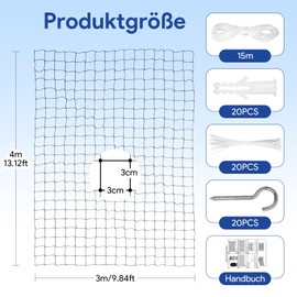 Cat Net for Balcony, Size 3 x 4 m, Includes Hooks and Nails, Wire Reinforced Cat Protection Net, No Drilling, Balcony Net for Cats for Balcony, Patio, Windows, Doors and Fences