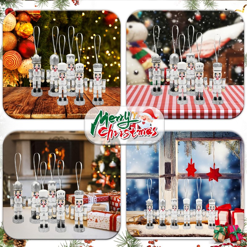 6 PCS Christmas Nutcracker Ornaments,Wooden Nutcracker Christmas Decoration Pendant,Silver Nutcracker