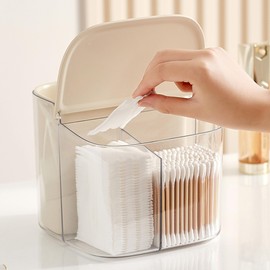 UFORU Qtip Holder Bathroom Container, 3-Section Cotton Pad/Ball/Swab Holder with Removable Bucket as Brush Holder, Vanity Cosmetics Storage,Cream White