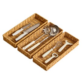 Berdeng Kitchen Drawer Organizer for Utensils, Silverware Tray Cutlery Organizer, PE Rattan Handwoven Storage Basket with Iron Frame, 2-Inch Fit for Shallow Drawers, 15" x 6" x 2" (Set of 3)