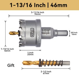 CENYB 1-13/16" (46mm) Tungsten Carbide Tipped Hole Saw with 2Pcs Titanium-Plated Pilot Drill Bits for Metal, Steel, Iron, Wood, Plastic