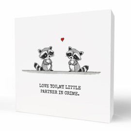 DOFQZ Raccoon Valentine's Day Wooden Box Sign, Valentine's Day Gifts Anniversary for Couples Her Him, Love You My Little Partner in Crime Wood Sign for for Home Desk Table Shelf Decor, 5x5 Inch