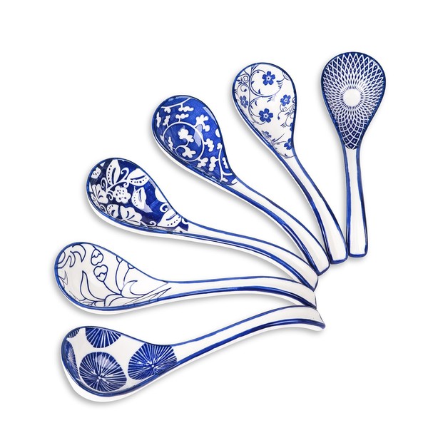 Selamica Ceramic Asian Soup Spoons Set of 6, Ceramic Chinese Soup Spoons, 6.3 Inch Ramen Spoons, Japanese Soup Spoons for Cereal Stews Noodles, Vintage Blue