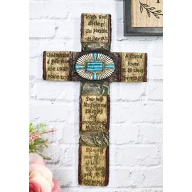 Ebros Gift Rustic Western Christian Holy Bible Verses Scriptures Inspirational Friendship Faith Turquoise Stones Faux Wooden Wall Cross Plaque Words of Encouragement Affirmation Decor Sculpture