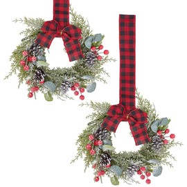 OLYCRAFT 2Pcs Christmas Candle Rings Wreaths Small Kitchen Cabinet Wreaths 8.7x9.8 Inch Christmas Red Berry with Red and Black Plaid Bow Farmhouse Wreath for Holiday Xmas Party Window Door Decoration