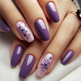 Press On Nails Coffin Fake Nails Flowers Stick On Nails Purple Glue On Nails Glossy Shiny Artificial Nails Full Cover Acrylic Nail Kit For Women Girl 24pcs