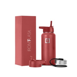 IRON °FLASK Camping & Hiking Hydration Flask with 3 Lids - Stainless Steel, Double Walled & Vacuum Insulated Water Bottle - Leak Proof & BPA Free (Rusty Red, Straw - 32 oz)
