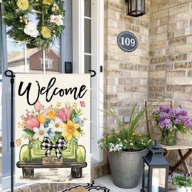 RABUSOFA Spring Summer Tulip Garden Flag 12x18 Inch Double Sided Outside,Welcome Truck Banners Seasonal Holiday Outdoor Decorations for Home Small